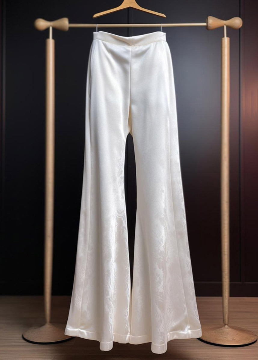 Print Summer Silk White Trousers Flared Fine High Waist FashionChic