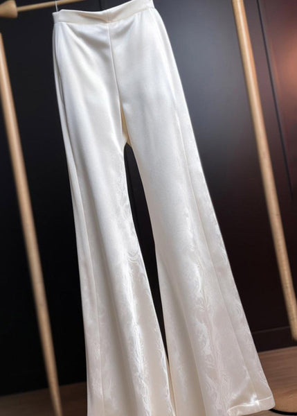 Print Summer Silk White Trousers Flared Fine High Waist FashionChic