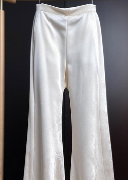 Print Summer Silk White Trousers Flared Fine High Waist FashionChic