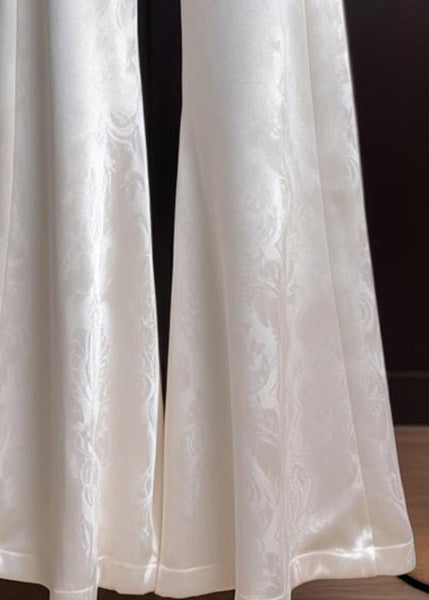 Print Summer Silk White Trousers Flared Fine High Waist FashionChic