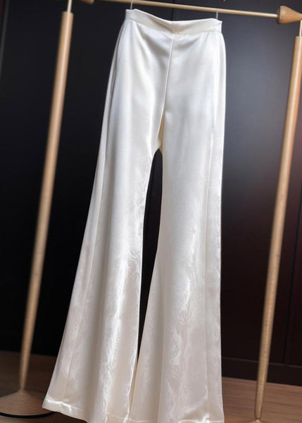 Print Summer Silk White Trousers Flared Fine High Waist FashionChic