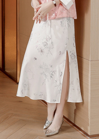 Fine White Print Side Open Silk Skirt Summer OO029 OM-CS240814