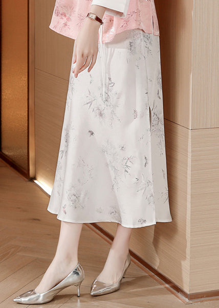 Fine White Print Side Open Silk Skirt Summer OO029 OM-CS240814