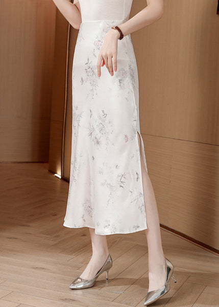 Fine White Print Side Open Silk Skirt Summer OO029 OM-CS240814