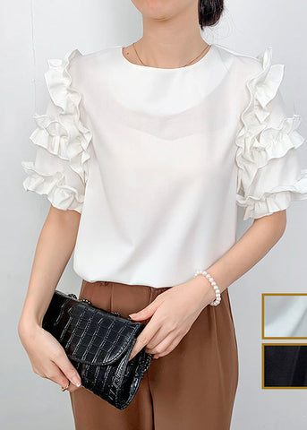 White Fine Shirt Summer Ruffled Chiffon FashionChic