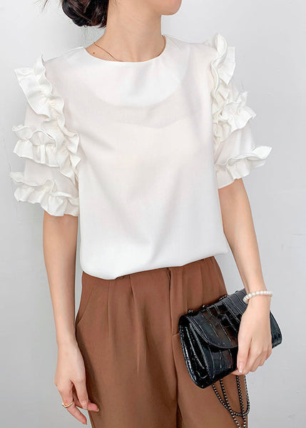 White Fine Shirt Summer Ruffled Chiffon FashionChic
