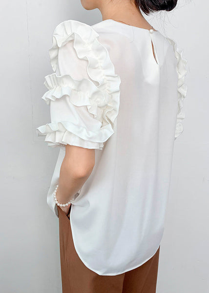 White Fine Shirt Summer Ruffled Chiffon FashionChic