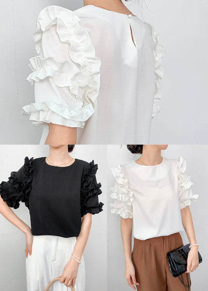 White Fine Shirt Summer Ruffled Chiffon FashionChic