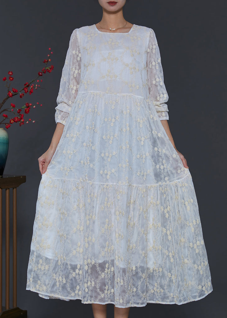 Fine White Square Colla Embroidered Silk Long Dress Spring SD1105 Ada Fashion