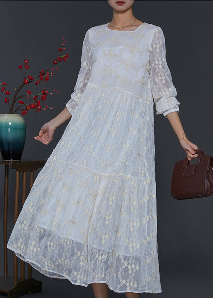 Fine White Square Colla Embroidered Silk Long Dress Spring SD1105 Ada Fashion