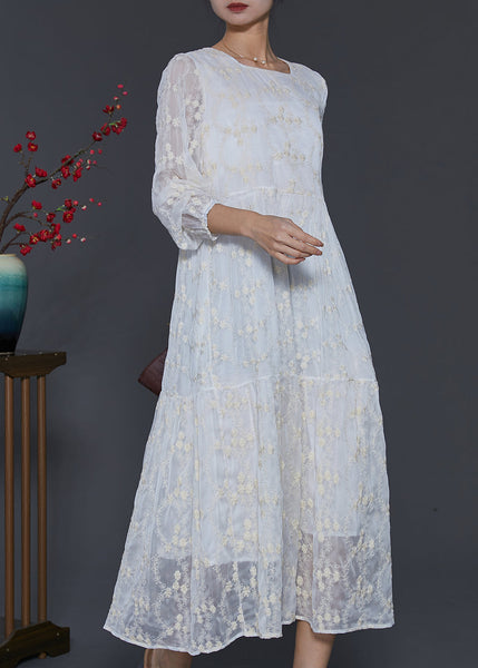 Fine White Square Colla Embroidered Silk Long Dress Spring SD1105 Ada Fashion