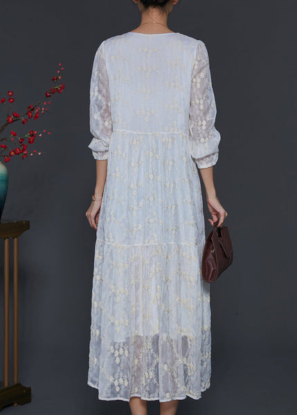 Fine White Square Colla Embroidered Silk Long Dress Spring SD1105 Ada Fashion