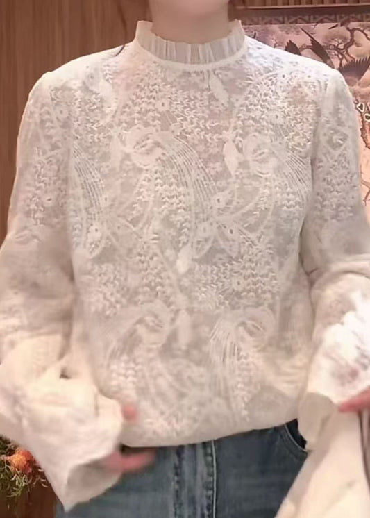 Flare White Fine Sleeve Embroidered Collar Shirts Stand Lace FashionChic