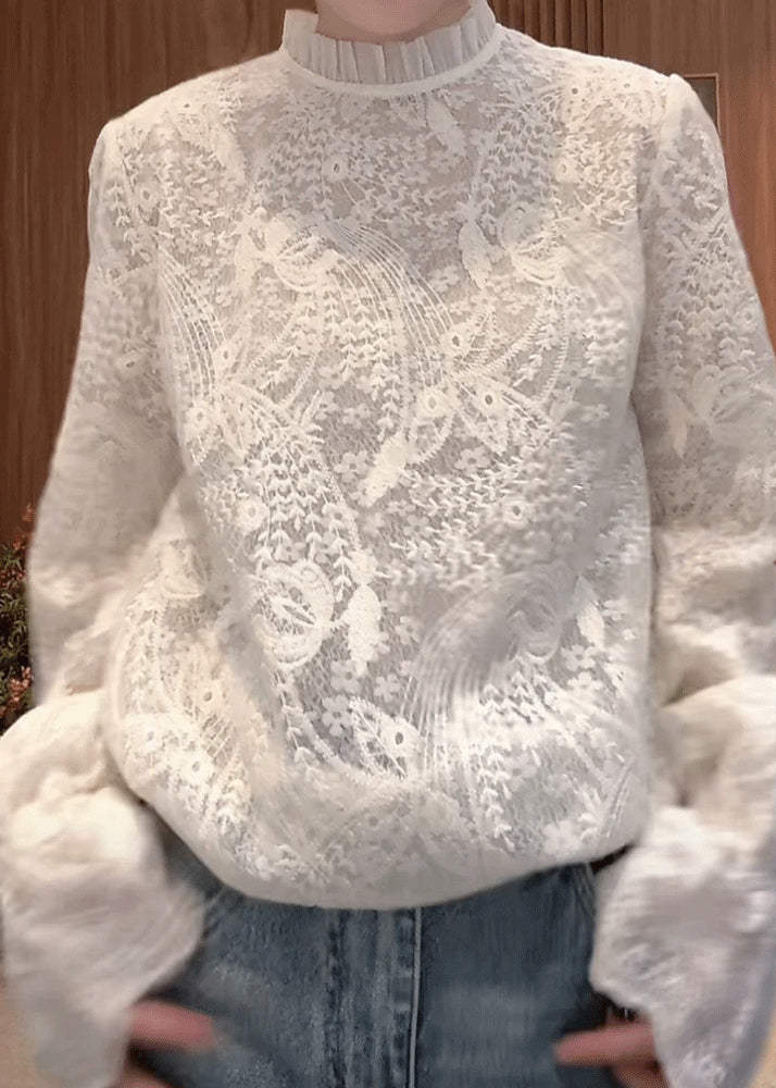 Flare White Fine Sleeve Embroidered Collar Shirts Stand Lace FashionChic
