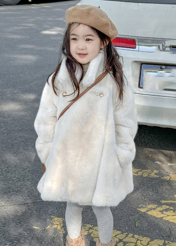 Fine White Stand Collar Pockets Girls Coats Winter TG018