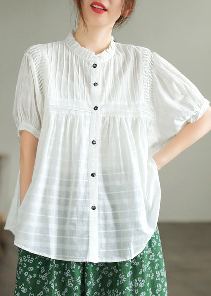 Stand Summer Wrinkled Fine Blouse Cotton Top White Collar FashionChic