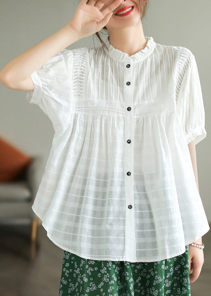 Stand Summer Wrinkled Fine Blouse Cotton Top White Collar FashionChic
