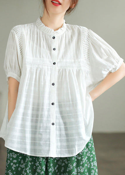 Stand Summer Wrinkled Fine Blouse Cotton Top White Collar FashionChic