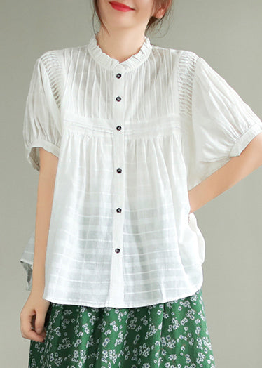 Stand Summer Wrinkled Fine Blouse Cotton Top White Collar FashionChic