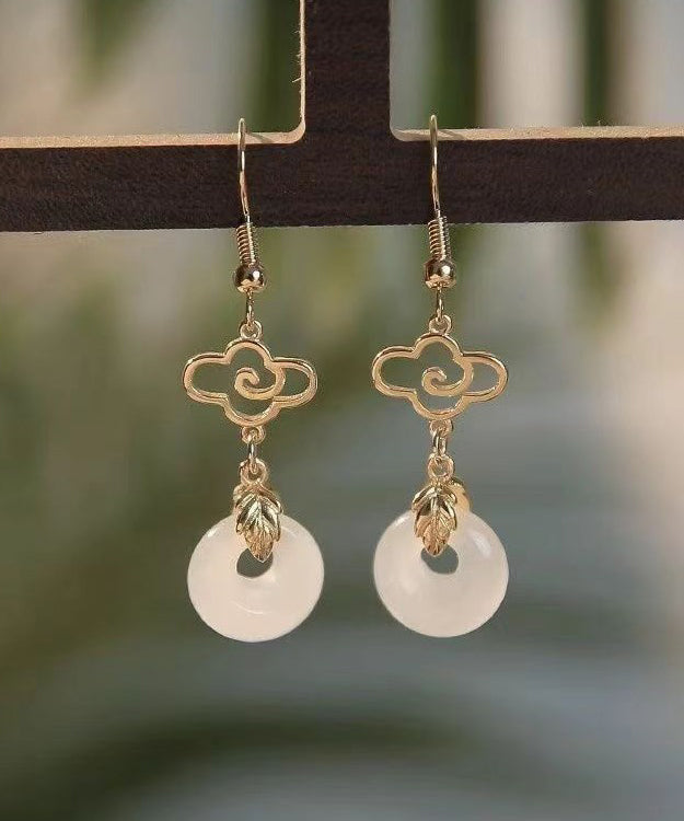 Fine White Sterling Silver Overgild Jade Ping Buckle Tassel Drop Earrings AC1073 Genistyle Shop