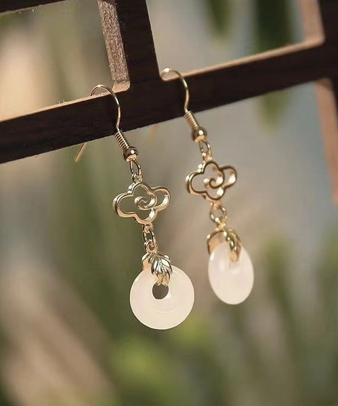 Fine White Sterling Silver Overgild Jade Ping Buckle Tassel Drop Earrings AC1073 Genistyle Shop