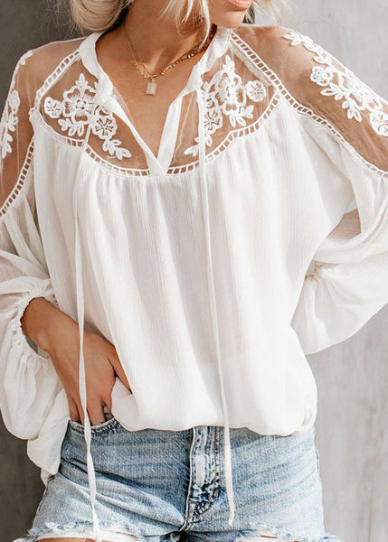 White Lace V Patchwork Shirt Fine Neck Fall FashionChic