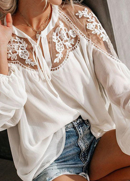 White Lace V Patchwork Shirt Fine Neck Fall FashionChic