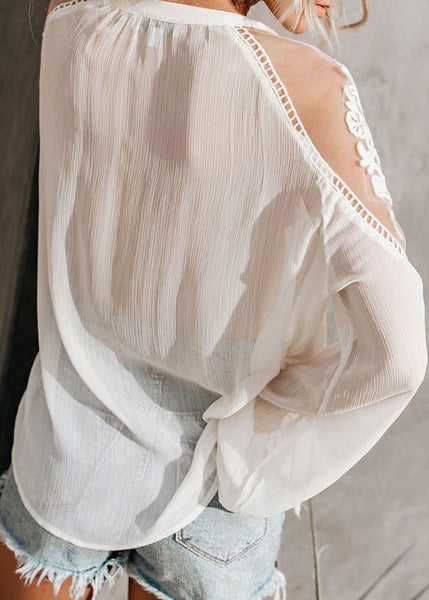 White Lace V Patchwork Shirt Fine Neck Fall FashionChic