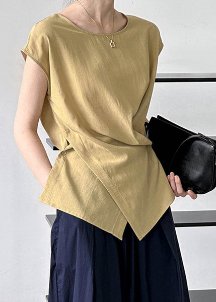 Yellow Fine Short Asymmetrical Sleeve Solid Top FashionChic