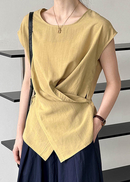 Yellow Fine Short Asymmetrical Sleeve Solid Top FashionChic
