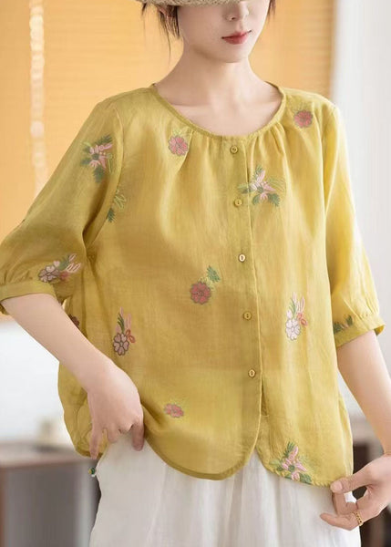 Embroidered Summer Tops Yellow Fine Linen O-Neck FashionChic