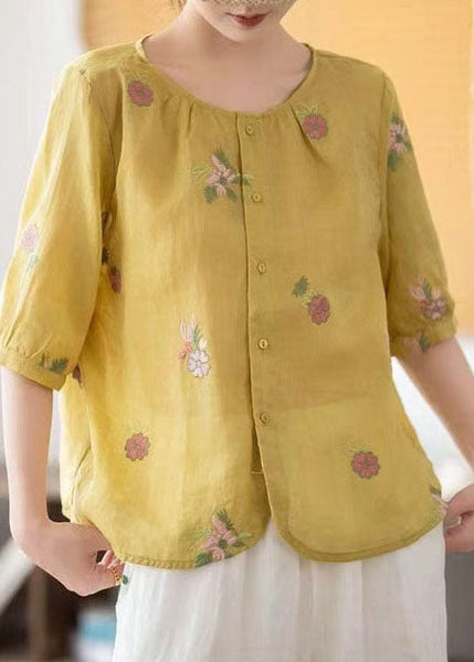 Embroidered Summer Tops Yellow Fine Linen O-Neck FashionChic
