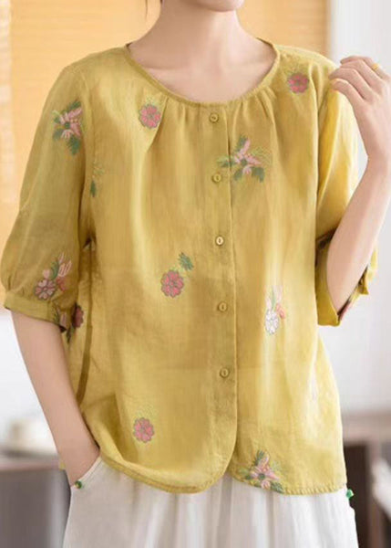 Embroidered Summer Tops Yellow Fine Linen O-Neck FashionChic