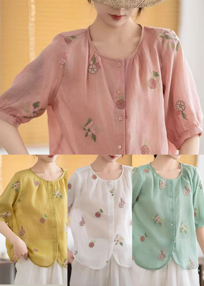 Embroidered Summer Tops Yellow Fine Linen O-Neck FashionChic