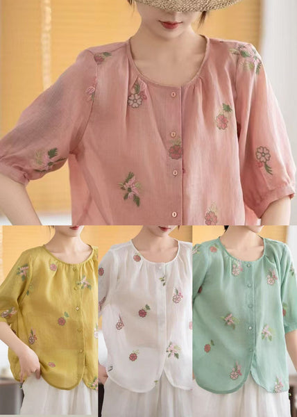 Embroidered Summer Tops Yellow Fine Linen O-Neck FashionChic