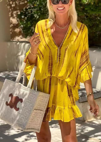 Beach Dress Chiffon Sleeve Batwing Zircon Fine Print Yellow FashionChic