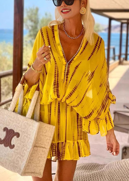 Beach Dress Chiffon Sleeve Batwing Zircon Fine Print Yellow FashionChic