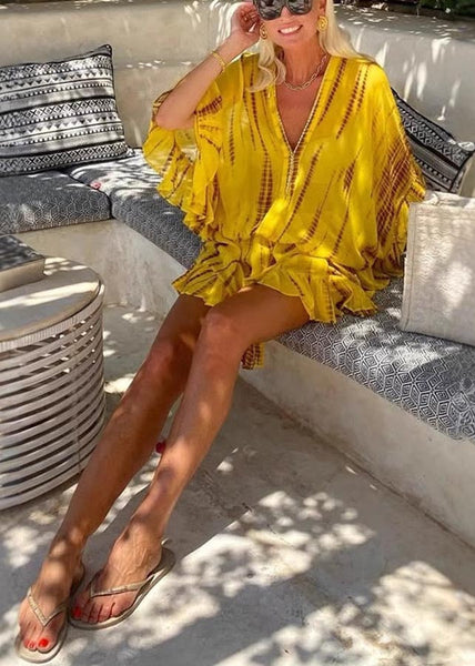 Beach Dress Chiffon Sleeve Batwing Zircon Fine Print Yellow FashionChic