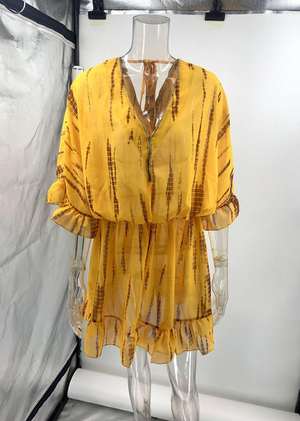 Beach Dress Chiffon Sleeve Batwing Zircon Fine Print Yellow FashionChic