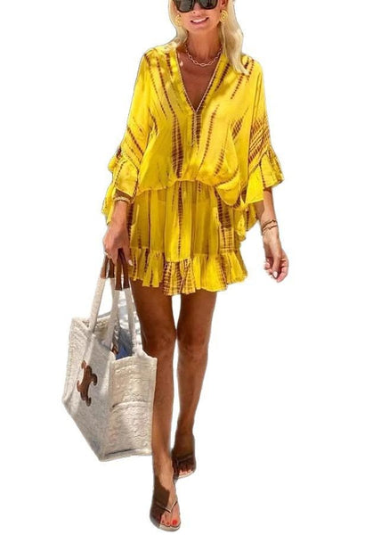 Beach Dress Chiffon Sleeve Batwing Zircon Fine Print Yellow FashionChic