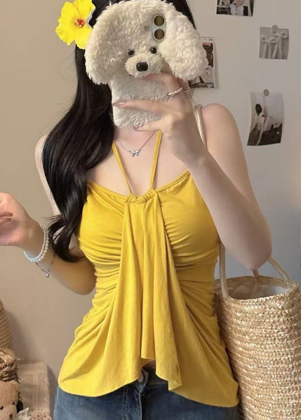 Silm Halter Fit Yellow Summer Cotton Tops Fine FashionChic