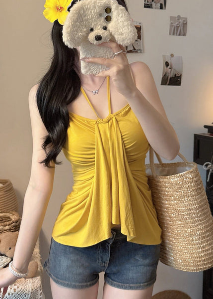 Silm Halter Fit Yellow Summer Cotton Tops Fine FashionChic