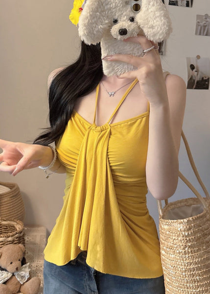 Silm Halter Fit Yellow Summer Cotton Tops Fine FashionChic