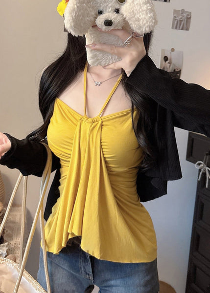 Silm Halter Fit Yellow Summer Cotton Tops Fine FashionChic