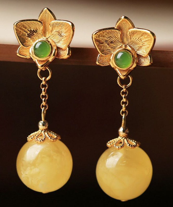 Fine Yellow Sterling Silver Overgild Beeswax Amber Crystal Floral Drop Earrings GH1025 Ada Fashion
