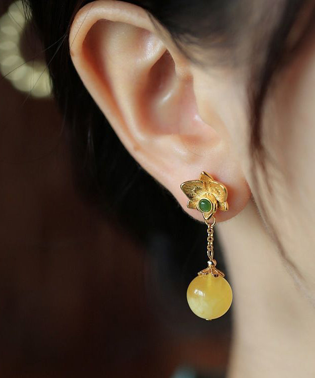 Fine Yellow Sterling Silver Overgild Beeswax Amber Crystal Floral Drop Earrings GH1025 Ada Fashion