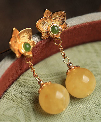 Fine Yellow Sterling Silver Overgild Beeswax Amber Crystal Floral Drop Earrings GH1025 Ada Fashion