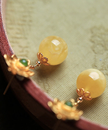 Fine Yellow Sterling Silver Overgild Beeswax Amber Crystal Floral Drop Earrings GH1025 Ada Fashion