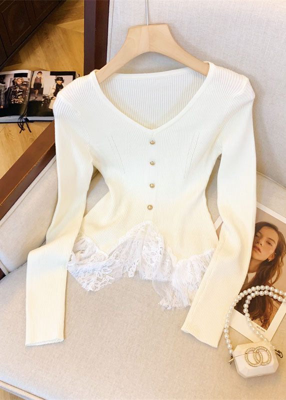 Fitted Apricot V Neck Lace Patchwork Knit Sweaters Fall QI032 OL-NTP241005