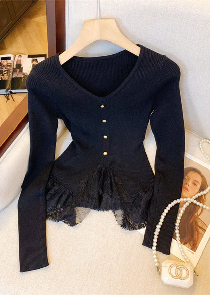 Fitted Apricot V Neck Lace Patchwork Knit Sweaters Fall QI032 OL-NTP241005